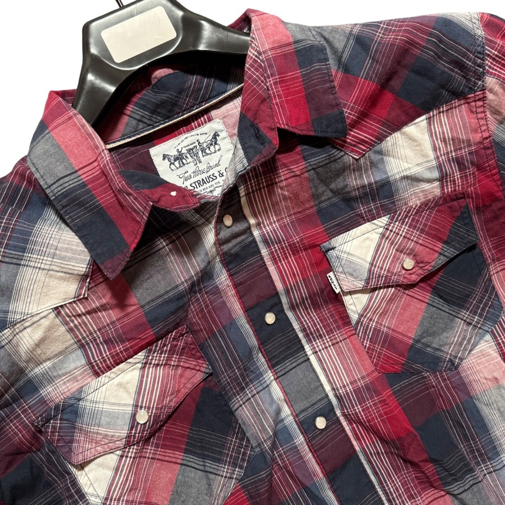 Levis Mens Pearl Snap Shirt Large Long Sleeve Red Blue White Western Rodeo